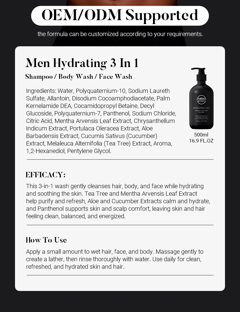 Label of a men's hydrating 3-in-1 product for shampoo, body wash, and face wash with ingredients and usage instructions.